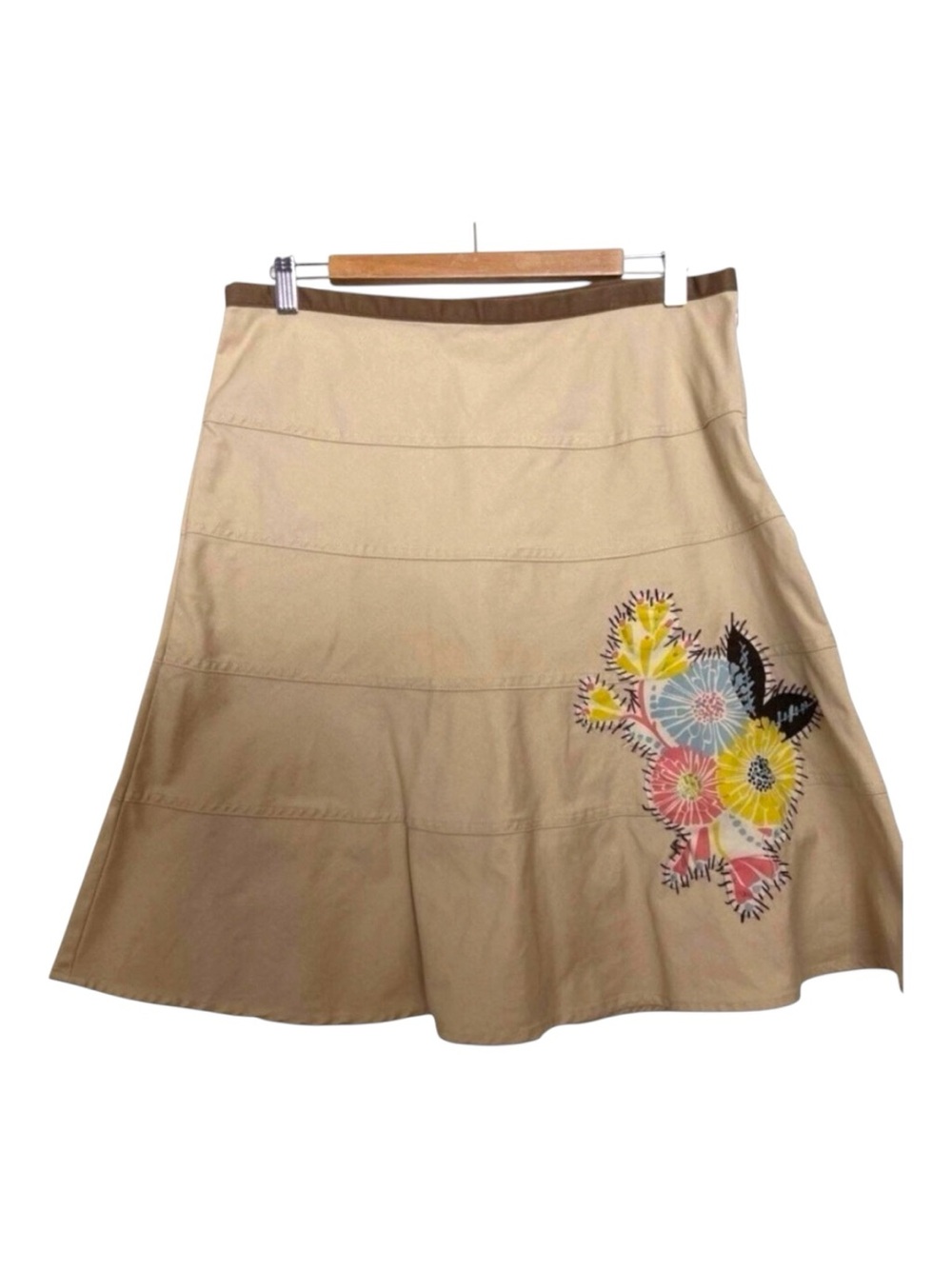 Miss B Floral Appliqué Cotton A-Line Skirt Tan Artsy Boho Size 12 Statement